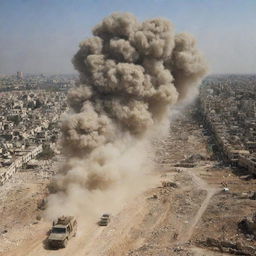 A heart-wrenching image depicting the Israeli force advancing on the Palestinian city, leaving destruction in their wake. The once bustling city is now overwhelmed by dust and debris.