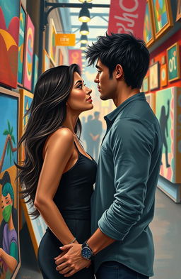 A romantic scene depicting Olivia and James in a vibrant city setting, conveying their deep emotional connection