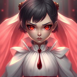 A powerful and strong empress, depicted as a 12-year-old girl with striking red eyes that convey determination