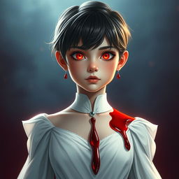 A powerful and strong empress, depicted as a 12-year-old girl with striking red eyes that convey determination