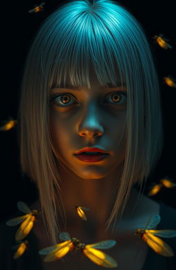 An eighteen-year-old girl with straight shoulder-length white hair, amber, frightened eyes, and pale skin
