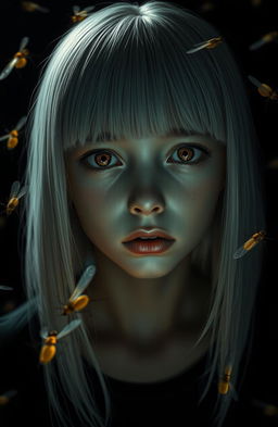An eighteen-year-old girl with straight shoulder-length white hair, amber, frightened eyes, and pale skin