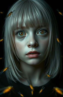 An eighteen-year-old girl with straight shoulder-length white hair, amber, frightened eyes, and pale skin