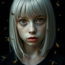 An eighteen-year-old girl with straight shoulder-length white hair, amber, frightened eyes, and pale skin