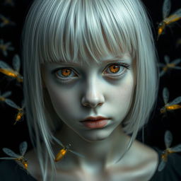 An eighteen-year-old girl with straight shoulder-length white hair, amber, frightened eyes, and pale skin