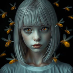 An eighteen-year-old girl with straight shoulder-length white hair, amber, frightened eyes, and pale skin