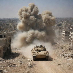 A heart-wrenching image depicting the Israeli force advancing on the Palestinian city, leaving destruction in their wake. The once bustling city is now overwhelmed by dust and debris.