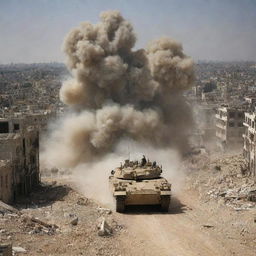 A heart-wrenching image depicting the Israeli force advancing on the Palestinian city, leaving destruction in their wake. The once bustling city is now overwhelmed by dust and debris.