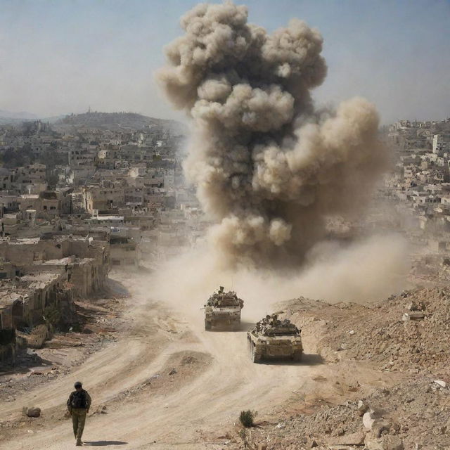 A heart-wrenching image depicting the Israeli force advancing on the Palestinian city, leaving destruction in their wake. The once bustling city is now overwhelmed by dust and debris.