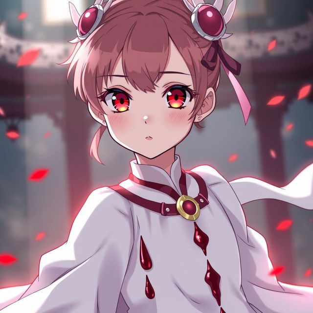 A powerful and strong 12-year-old empress named Sakura, characterized by her vibrant red eyes and an adorable face with small lips and a delicate nose