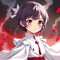 A powerful and strong 12-year-old empress named Sakura, characterized by her vibrant red eyes and an adorable face with small lips and a delicate nose