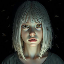 An eighteen-year-old girl with straight shoulder-length white hair, amber, frightened eyes, and pale skin