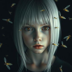 An eighteen-year-old girl with straight shoulder-length white hair, amber, frightened eyes, and pale skin