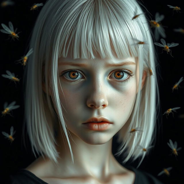 An eighteen-year-old girl with straight shoulder-length white hair, amber, frightened eyes, and pale skin