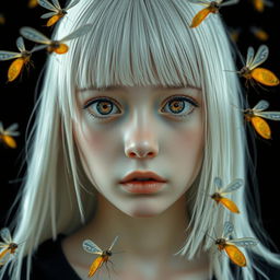 An eighteen-year-old girl with straight shoulder-length white hair, amber, frightened eyes, and pale skin
