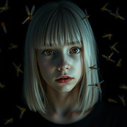 An eighteen-year-old girl with straight shoulder-length white hair, amber, frightened eyes, and pale skin