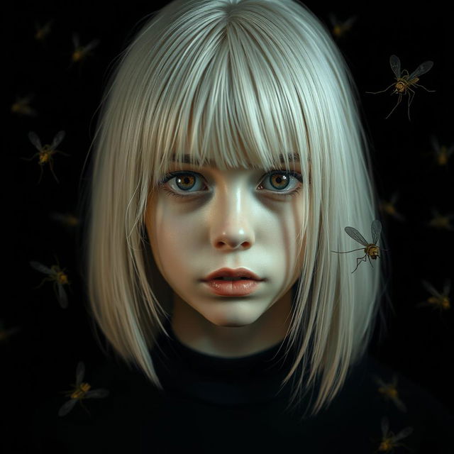 An eighteen-year-old girl with straight shoulder-length white hair, amber, frightened eyes, and pale skin