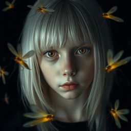 An eighteen-year-old girl with straight shoulder-length white hair, amber, frightened eyes, and pale skin