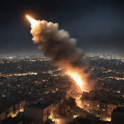 A harrowing depiction of a bomb from the advancing force streaking towards the city of Palestine, its tail glowing ominously against the night. The cityscape below, lit in the eerie glow, anticipates the impending disaster.