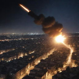 A harrowing depiction of a bomb from the advancing force streaking towards the city of Palestine, its tail glowing ominously against the night. The cityscape below, lit in the eerie glow, anticipates the impending disaster.