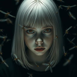 An eighteen-year-old girl with straight shoulder-length white hair, amber, frightened eyes, and pale skin