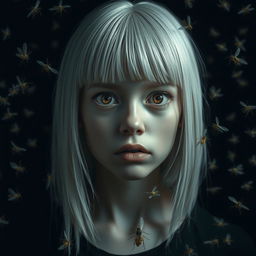 An eighteen-year-old girl with straight shoulder-length white hair, amber, frightened eyes, and pale skin