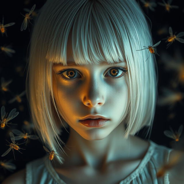 An eighteen-year-old girl with straight shoulder-length white hair, amber, frightened eyes, and pale skin