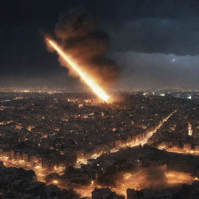 A harrowing depiction of a bomb from the advancing force streaking towards the city of Palestine, its tail glowing ominously against the night. The cityscape below, lit in the eerie glow, anticipates the impending disaster.