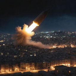 A harrowing depiction of a bomb from the advancing force streaking towards the city of Palestine, its tail glowing ominously against the night. The cityscape below, lit in the eerie glow, anticipates the impending disaster.