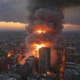 A catastrophic explosion capturing the immediate moment of the bomb's detonation in the city. Buildings shaken by the shockwave, the night sky illuminated with an intense fiery light, and smoke billowing into the air.