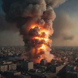 A catastrophic explosion capturing the immediate moment of the bomb's detonation in the city. Buildings shaken by the shockwave, the night sky illuminated with an intense fiery light, and smoke billowing into the air.