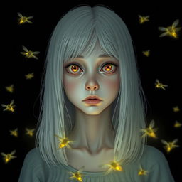 An eighteen-year-old girl with straight shoulder-length white hair, amber, frightened eyes, and very pale skin