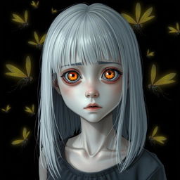 An eighteen-year-old girl with straight shoulder-length white hair, amber, frightened eyes, and very pale skin