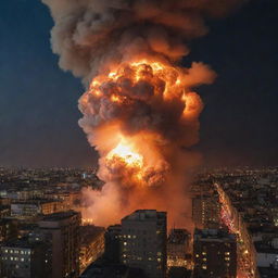 A catastrophic explosion capturing the immediate moment of the bomb's detonation in the city. Buildings shaken by the shockwave, the night sky illuminated with an intense fiery light, and smoke billowing into the air.