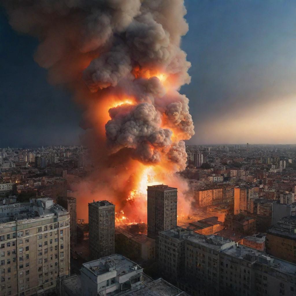 A catastrophic explosion capturing the immediate moment of the bomb's detonation in the city. Buildings shaken by the shockwave, the night sky illuminated with an intense fiery light, and smoke billowing into the air.