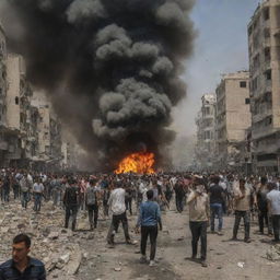 A poignant image showcasing the residents of the city in Palestine scattering in all directions amidst the chaos of the explosion, their expressions filled with apprehension and determination.