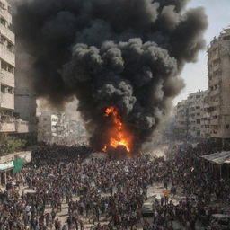 A poignant image showcasing the residents of the city in Palestine scattering in all directions amidst the chaos of the explosion, their expressions filled with apprehension and determination.