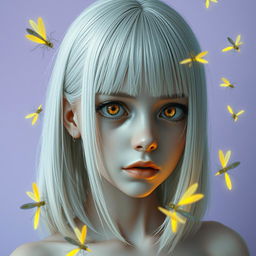 An eighteen-year-old girl with straight shoulder-length white hair, amber, frightened eyes, and pale skin