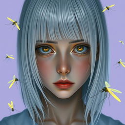An eighteen-year-old girl with straight shoulder-length white hair, amber, frightened eyes, and pale skin