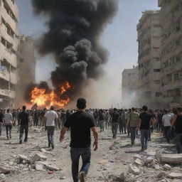 A poignant image showcasing the residents of the city in Palestine scattering in all directions amidst the chaos of the explosion, their expressions filled with apprehension and determination.