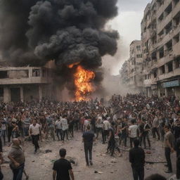 A poignant image showcasing the residents of the city in Palestine scattering in all directions amidst the chaos of the explosion, their expressions filled with apprehension and determination.