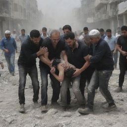 A touching depiction of solidarity as the dust settles. Palestinians organizing a rescue operation, carefully extracting victims from the wreckage, their faces etched with resilience and determination under the hardship.