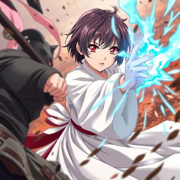 A dynamic scene featuring a powerful 12-year-old empress named Sakura, with vibrant red eyes, small lips, and a cute face