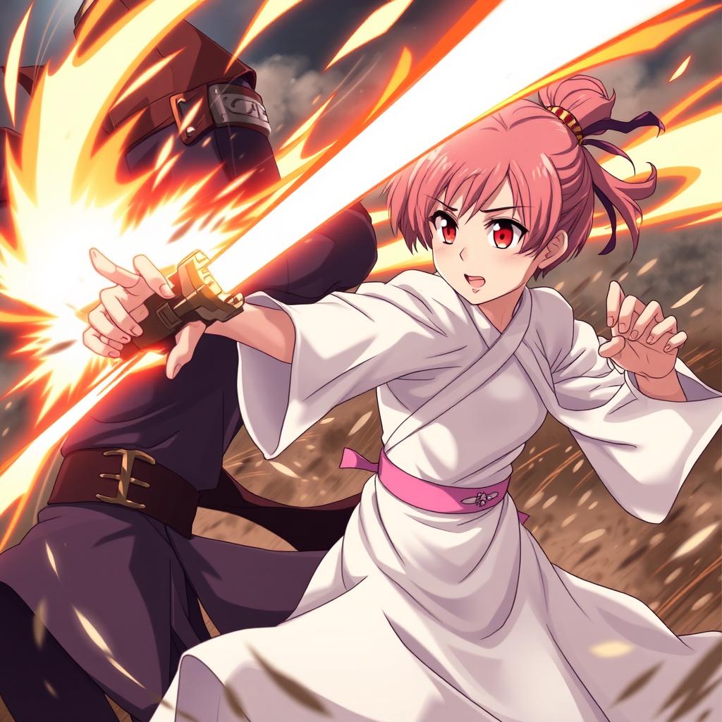 A dynamic scene featuring a powerful 12-year-old empress named Sakura, with vibrant red eyes, small lips, and a cute face