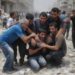 A touching depiction of solidarity as the dust settles. Palestinians organizing a rescue operation, carefully extracting victims from the wreckage, their faces etched with resilience and determination under the hardship.