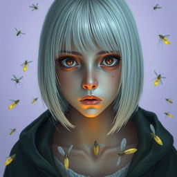 An eighteen-year-old girl with straight shoulder-length white hair, amber, frightened eyes, and pale skin
