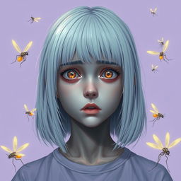 An eighteen-year-old girl with straight shoulder-length white hair, amber, frightened eyes, and pale skin