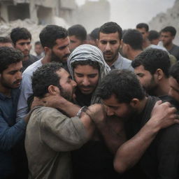 A touching depiction of solidarity as the dust settles. Palestinians organizing a rescue operation, carefully extracting victims from the wreckage, their faces etched with resilience and determination under the hardship.