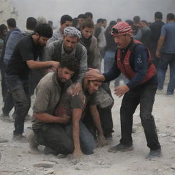 A touching depiction of solidarity as the dust settles. Palestinians organizing a rescue operation, carefully extracting victims from the wreckage, their faces etched with resilience and determination under the hardship.