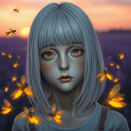 An eighteen-year-old girl with straight shoulder-length white hair, amber, frightened eyes, and pale skin